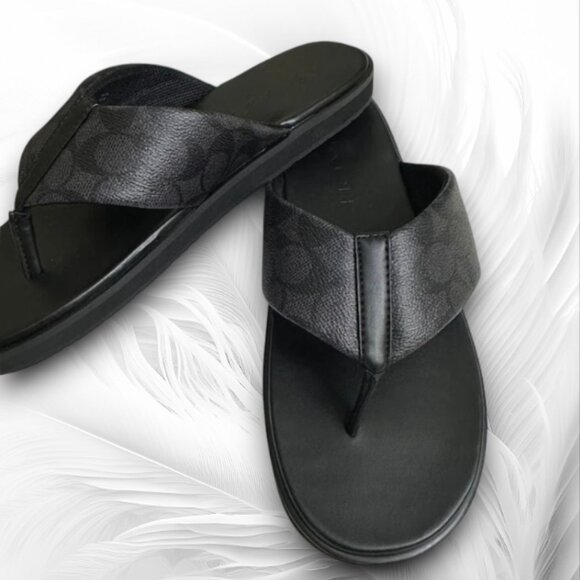 Men’s Black Leather Flip-Flops COACH Signature Slide Sandals - Picture 4 of 5